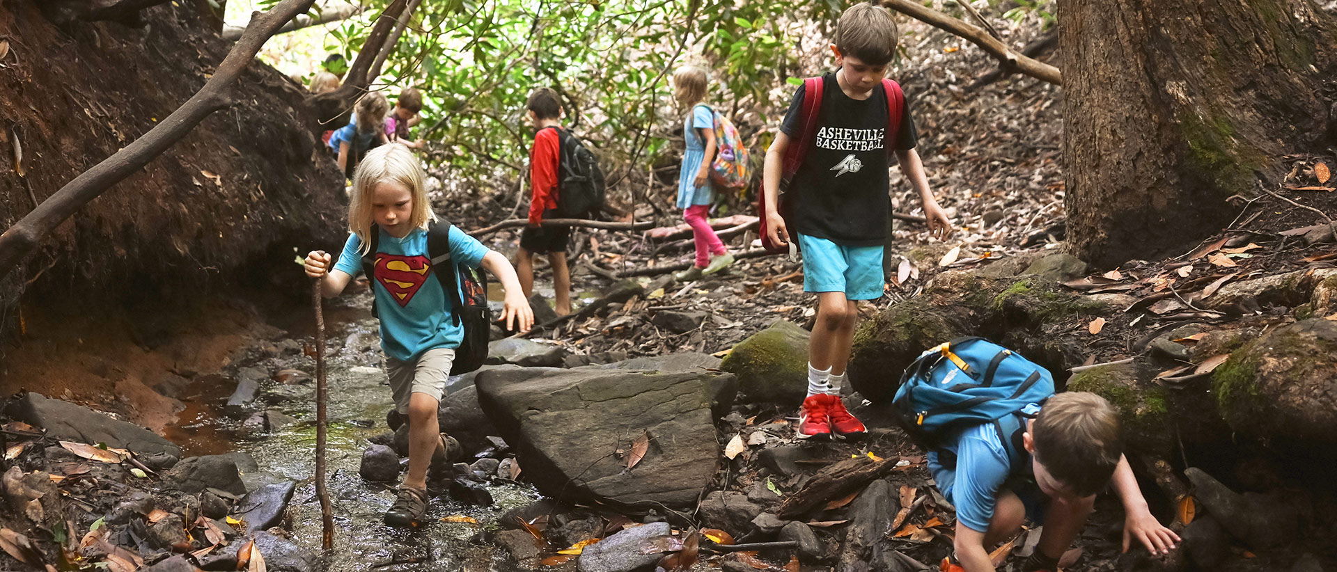 Six children exploring the creek in the forest in Asheville area at homeschool program
