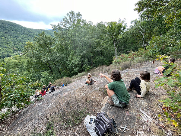 Homeschool kids at Forest Floor program on a rock bald in Blue Ridge Mountains