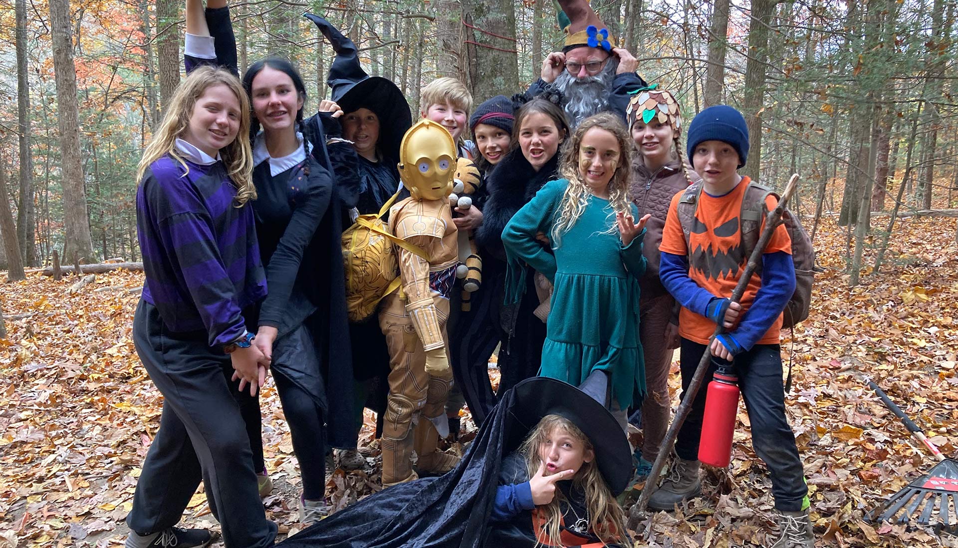 Homeschool kids dressed up in costume for a day at forest school program