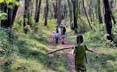 Children walking out into the woods for Asheville homeschool nature class